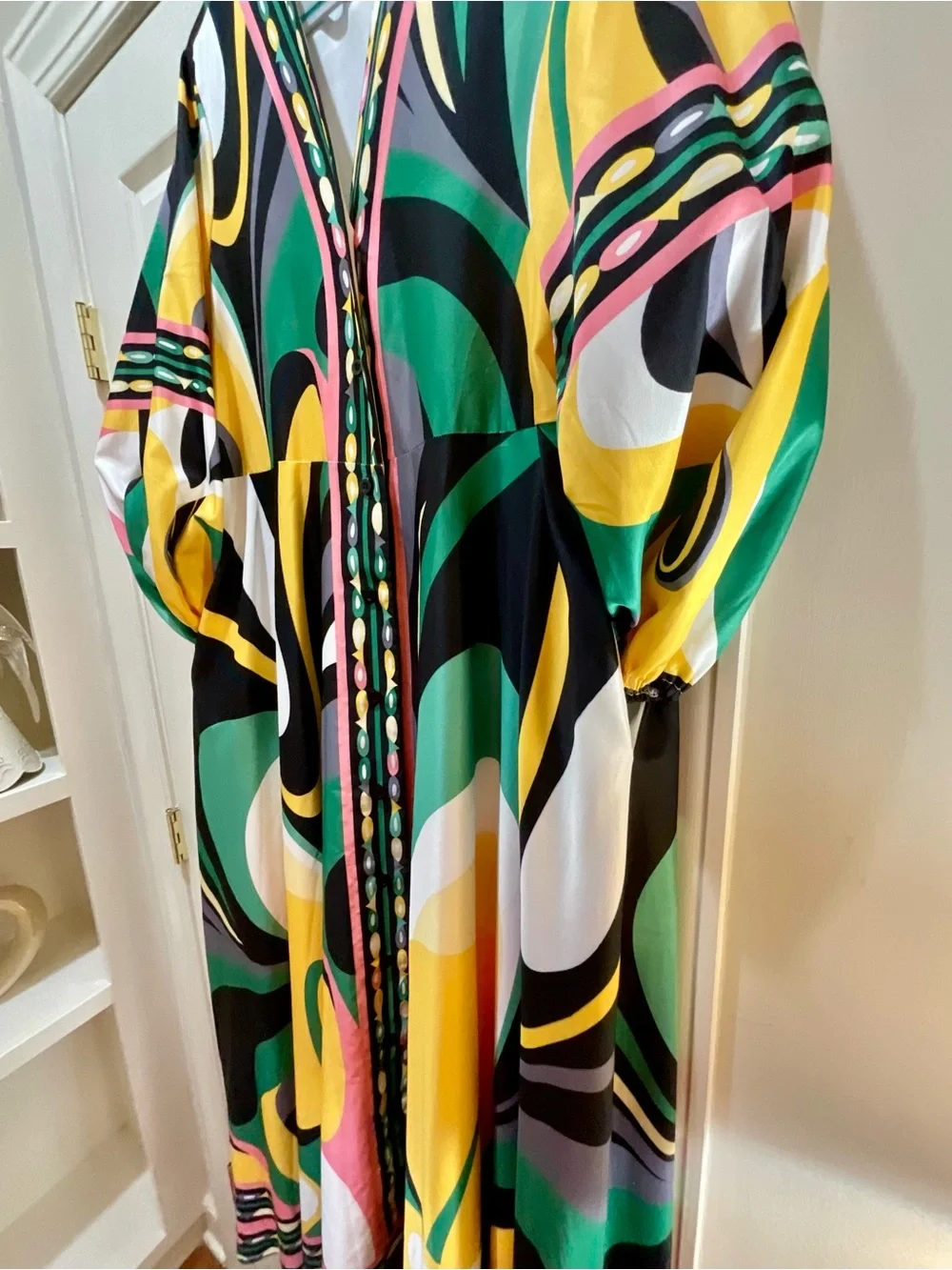 V-Neck Abstract Print Maxi Dress in Green, Yellow, Black & White